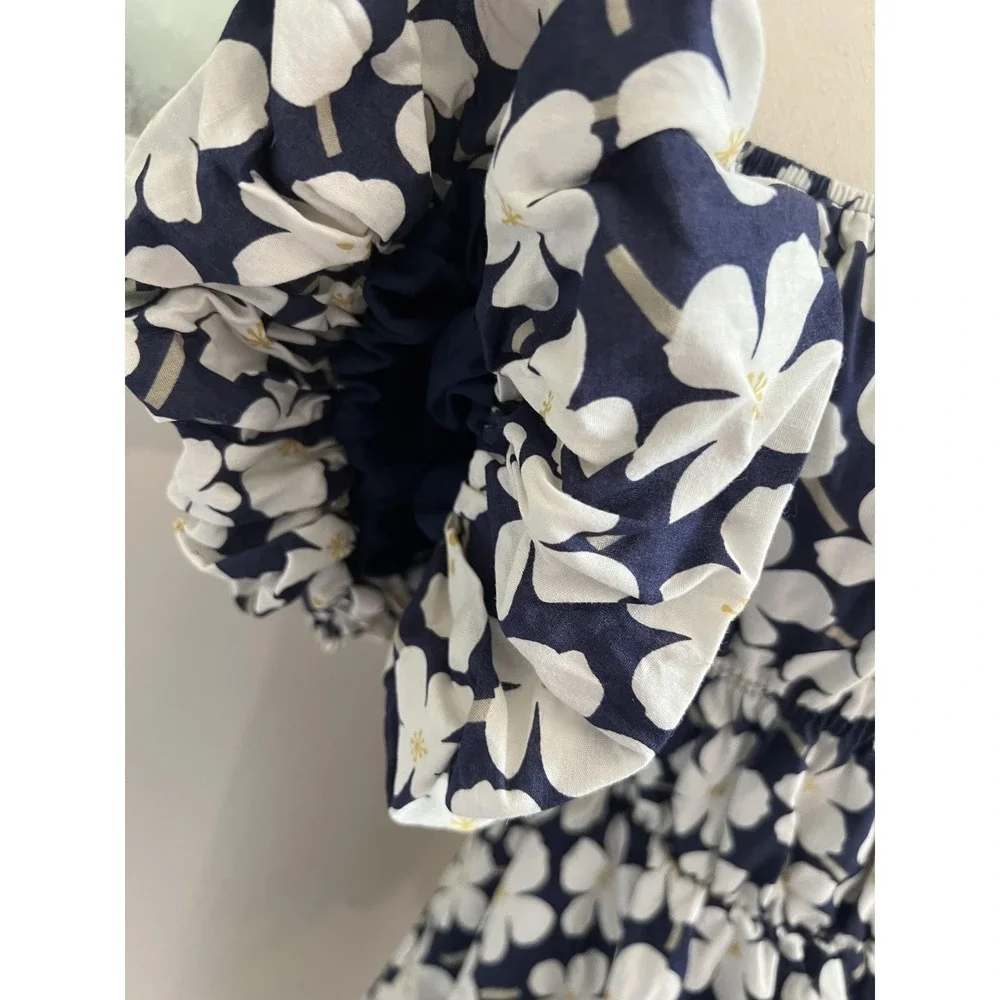 Blue Floral Off Shoulder Babydoll Mini Dress Smocked Sundress Cottage Boho - Picture 6 of 10